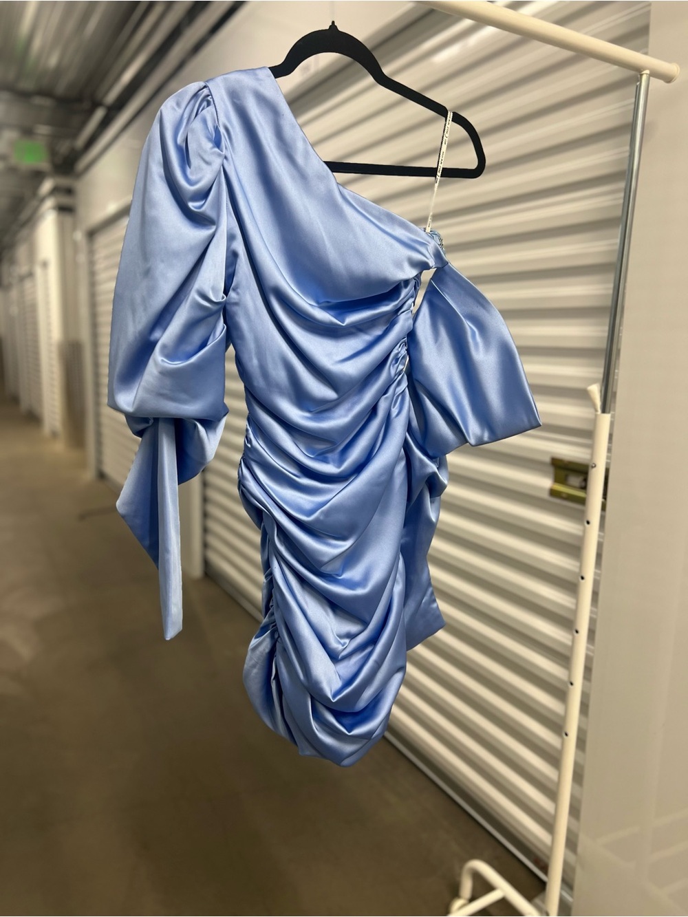 Satin One-Shoulder Ruched Mini Dress - Light Blue - Picture 8 of 9